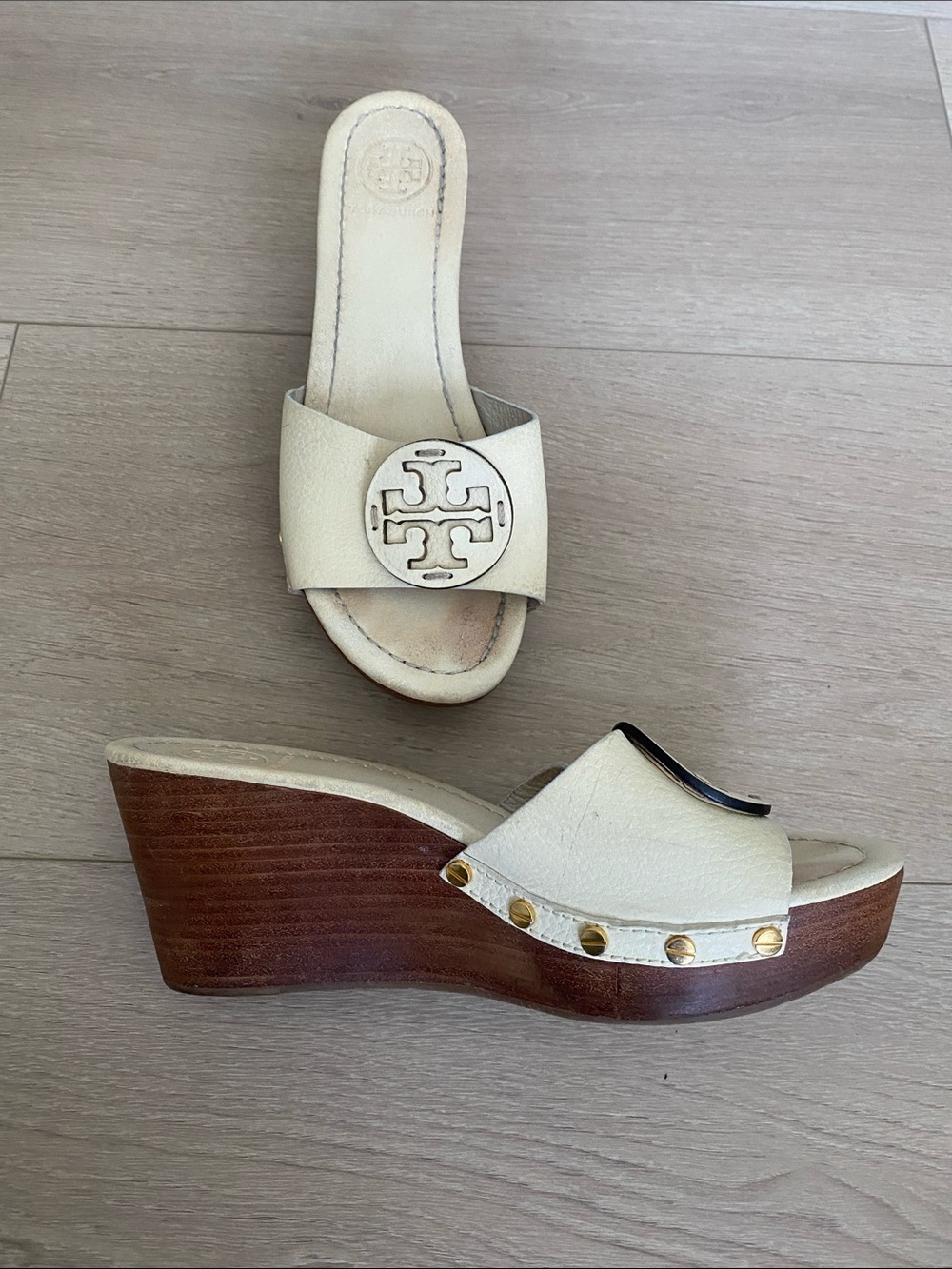 Tory Burch Cream Leather Wedge Sandals 8.5